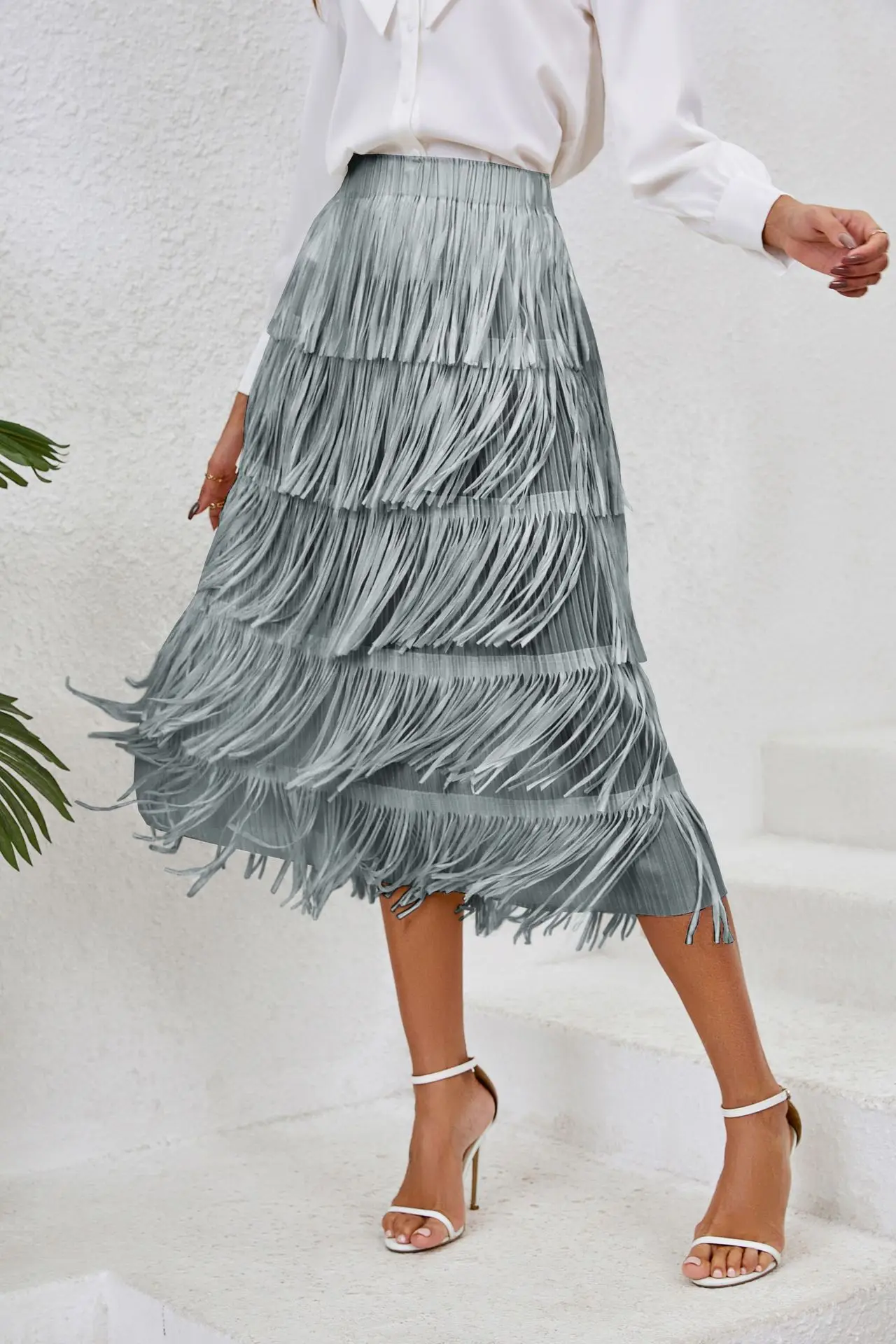 2024 Spring/Summer Women's Fringe Half Skirt: Chic Mid-Length Elastic Waist Style 14 kf S44209168d0bf4ec5bb9498bc9de67e09s