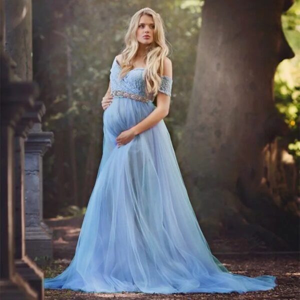 Summer New Short-sleeved Lace Stitching Mesh Maternity Trailing Wedding Party Dress