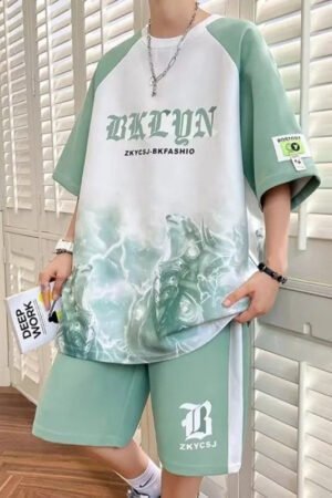 Men's Summer Casual Sports Suit - Loose Large Size, Ice Silk Short Sleeves Tshirt and Shorts - Handsome Teen Waffle Design