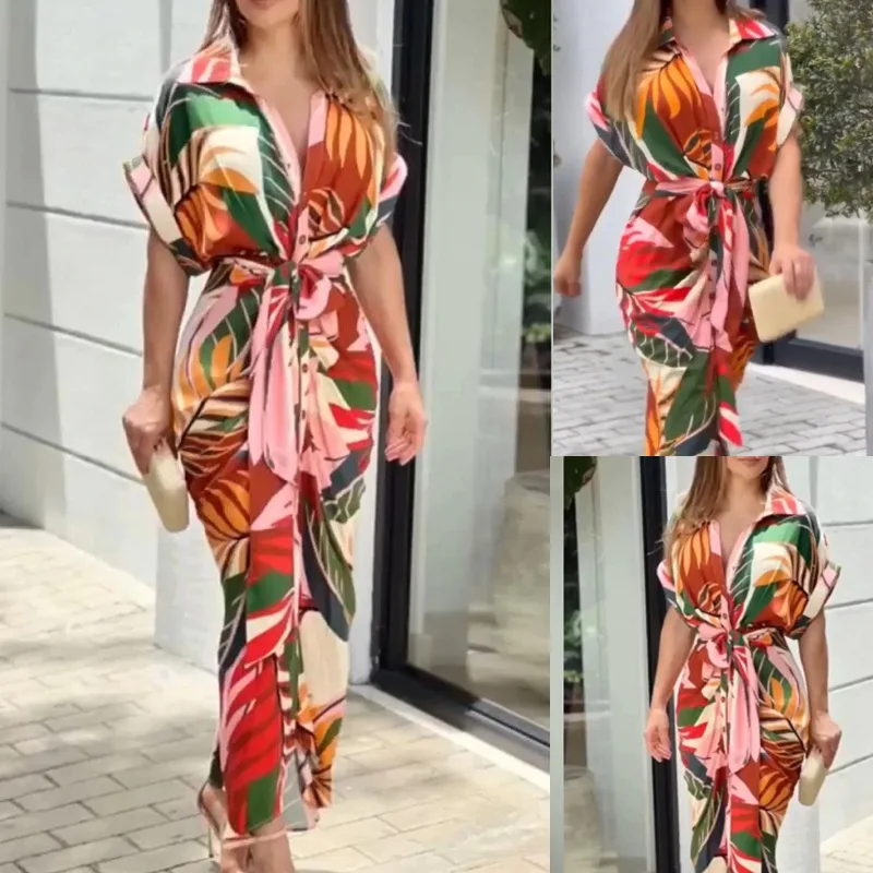 2024 Women's Printed High Waisted Cardigan Dress with Irregular Long Skirt - Short Sleeved Fashion Statement 19 kf S5f271625ed5f4eb08170ce9fb4349fc4A
