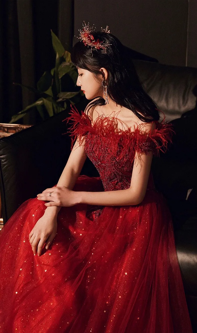 Summer Bridal Wedding Dress Red Shoulder Banquet Dress Long Feather Fairy Skinny 15 kf S6447e952f3954af59c541ae0aca6d518t