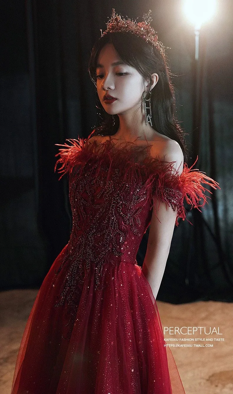 Summer Bridal Wedding Dress Red Shoulder Banquet Dress Long Feather Fairy Skinny 13 kf S6801463e32f94482928e8d5593a0c175S