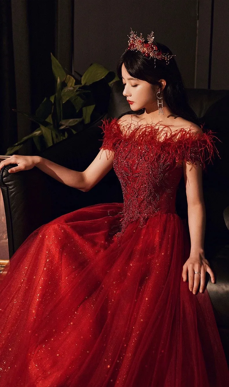 Summer Bridal Wedding Dress Red Shoulder Banquet Dress Long Feather Fairy Skinny 11 kf S6b9412b4647e4d1497e1821e033b0ce11