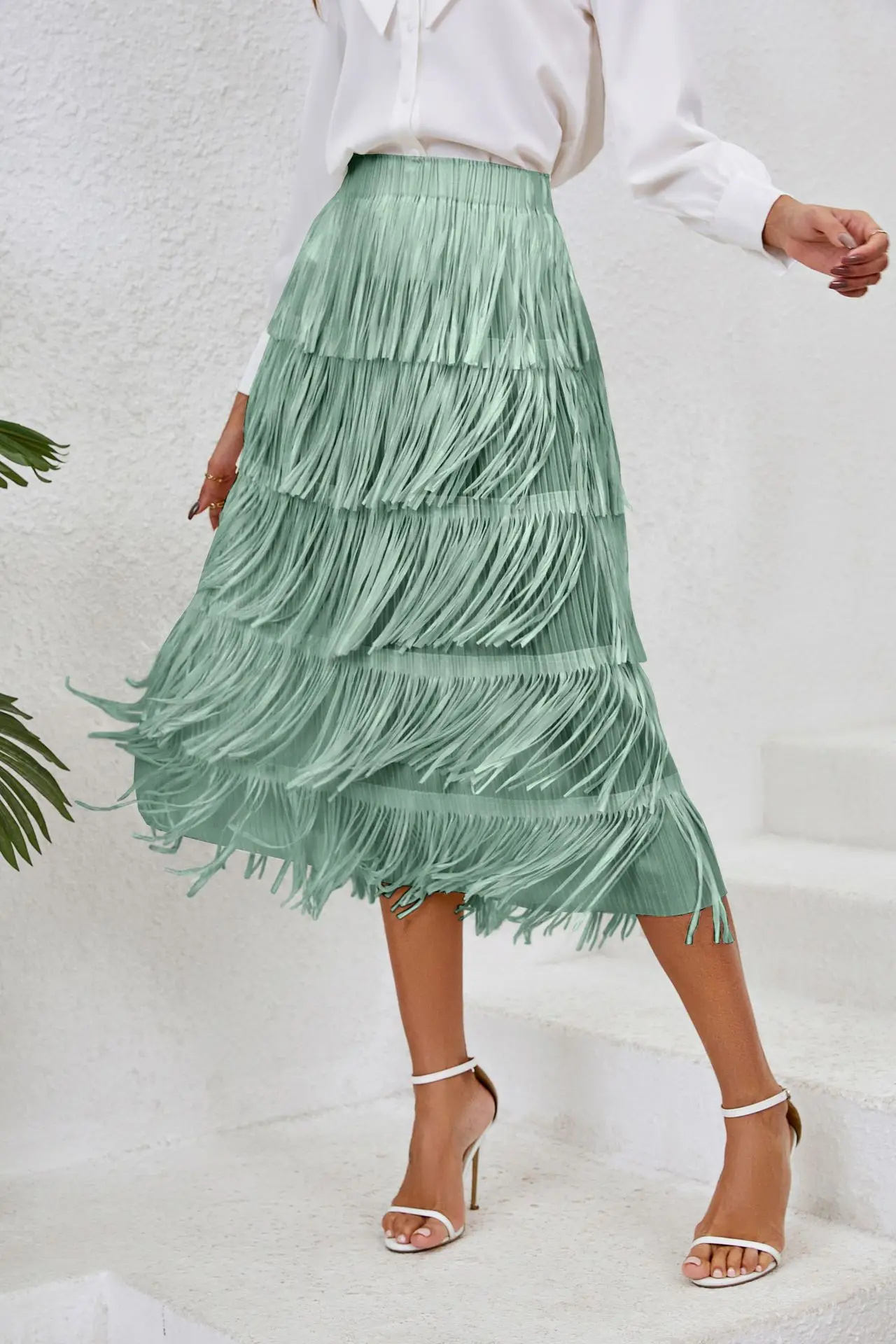 2024 Spring/Summer Women's Fringe Half Skirt: Chic Mid-Length Elastic Waist Style 15 kf S6e54ce261f7e4cb28c2d1295be09756cy