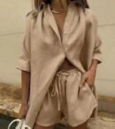2024 Summer Women's Solid Color Shirt Short Sleeve Suit with Wide Leg Pants and Shorts