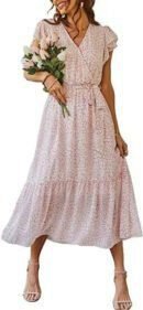 Stylish and Chic: Women's Floral Summer Dress with V-neck, Short Sleeves, Belt, and Pleated Hem - Perfect for Bohemian Fashion Lovers!
