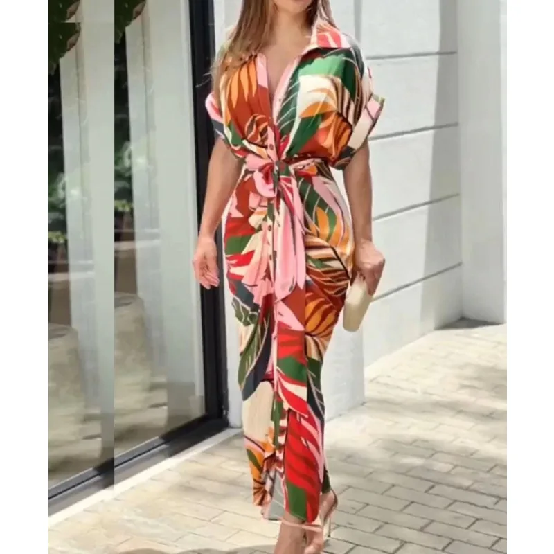 2024 Women's Printed High Waisted Cardigan Dress with Irregular Long Skirt - Short Sleeved Fashion Statement 20 kf S75e3361dd03a474898540caa14b094f2Q