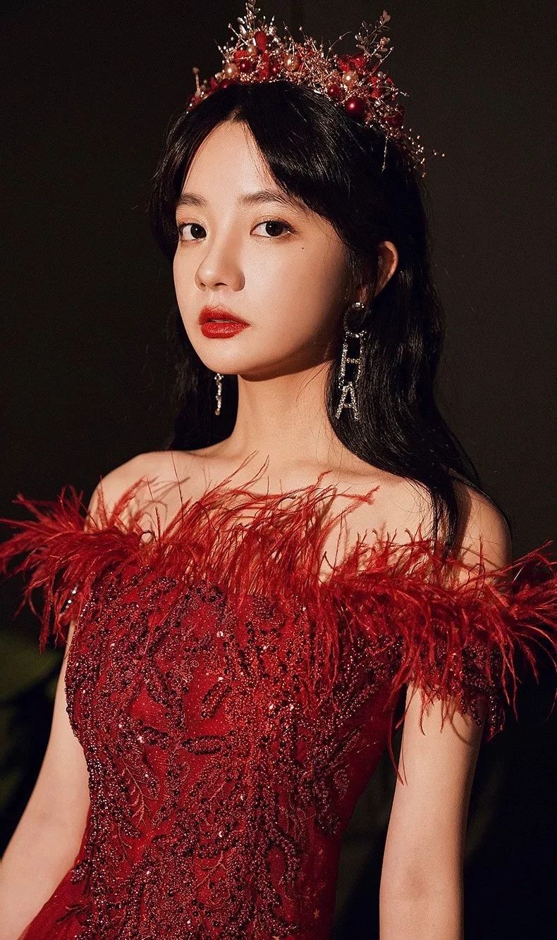 Summer Bridal Wedding Dress Red Shoulder Banquet Dress Long Feather Fairy Skinny 8 kf S79d54d2385de4464a6b1e2113b13e16ft