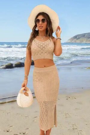 Stylish 2024 Summer Women's Checkered Stripe Knit Skirt Set: Tank Top & Long Skirt Combo