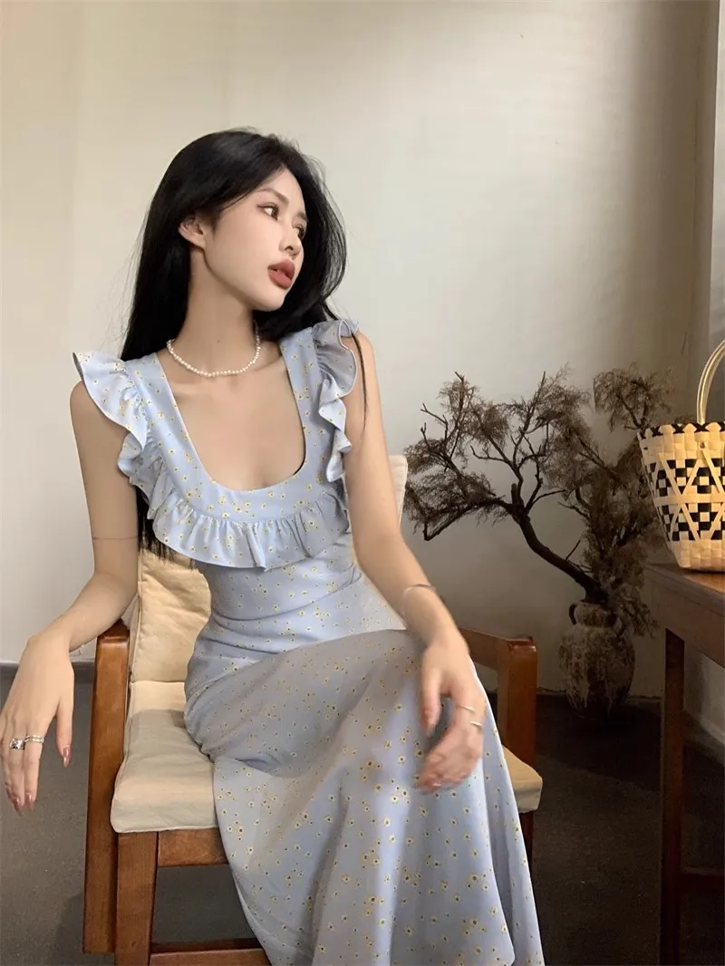 French romantic gentle small flying sleeves blue floral dress children's summer 2024 new seaside vacation dress 19 kf S8820942aba274b4e8db7eb05390ae3bcS