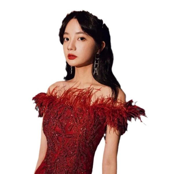 Summer Bridal Wedding Dress Red Shoulder Banquet Dress Long Feather Fairy Skinny - Image 5