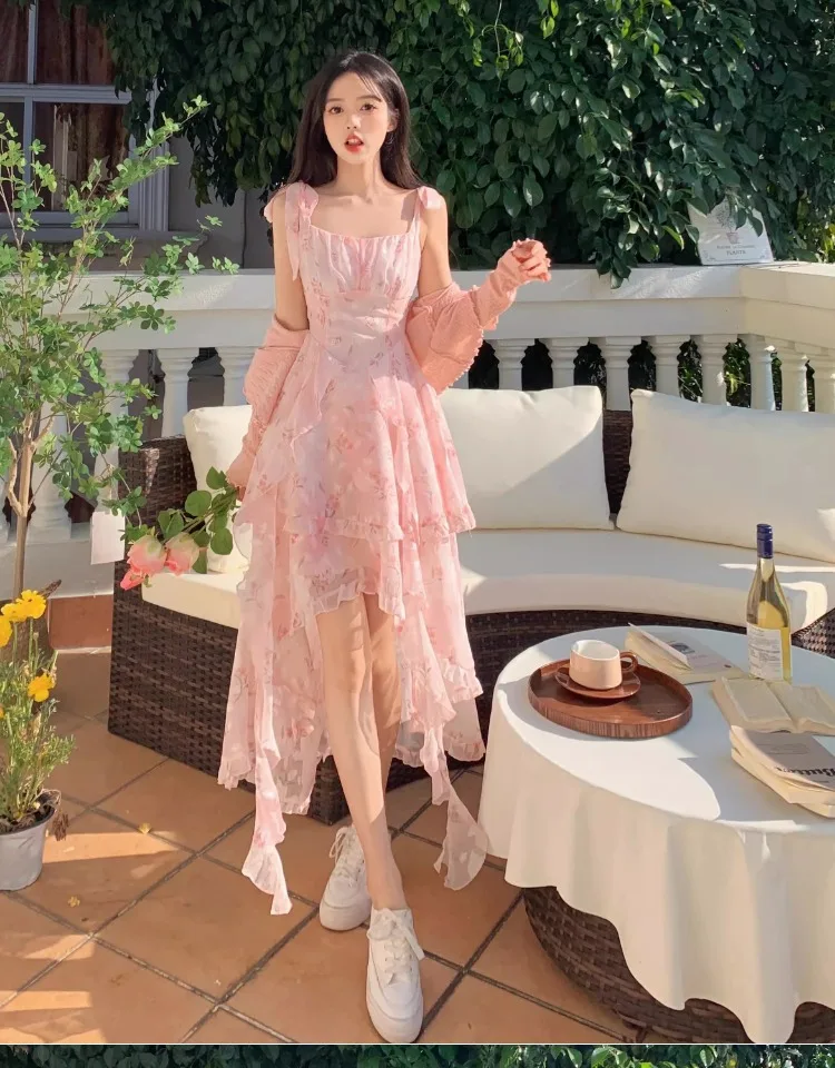 Large Size French Coffee Break Floral Suspender Dress Fat Mm Small Fresh Holiday Style Sweet Temperament Trailing Long Dress 17 kf S93c5908d2263451884c7d42f7600bddeg