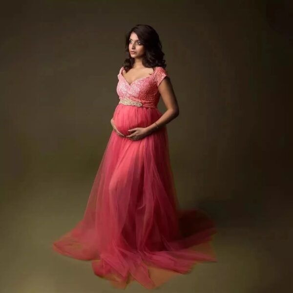 Summer New Short-sleeved Lace Stitching Mesh Maternity Trailing Wedding Party Dress - Image 3