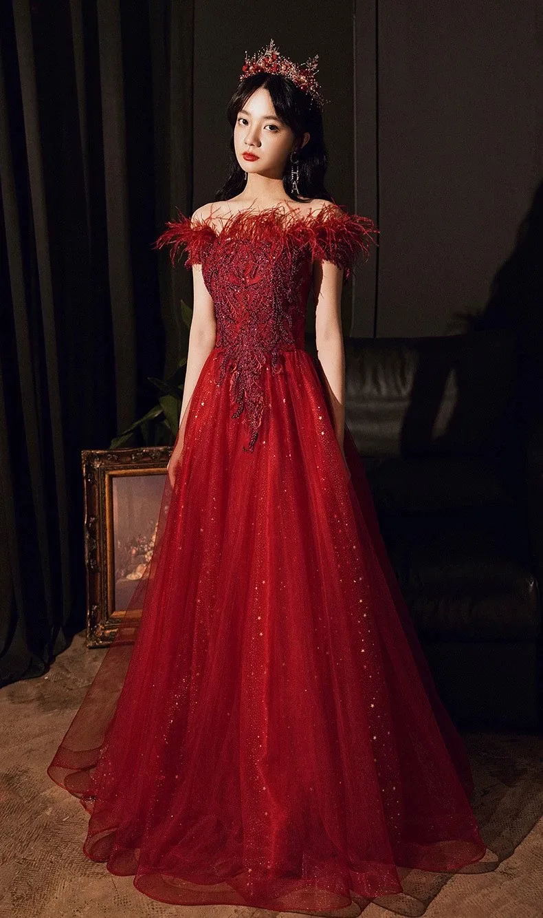 Summer Bridal Wedding Dress Red Shoulder Banquet Dress Long Feather Fairy Skinny 7 kf S98441e6a01e3444f831109d4ee0e43f63