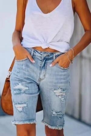 Get the Ultimate Ripped Look with New Styla's Washed Cotton Tassel Ripped Shorts for Women