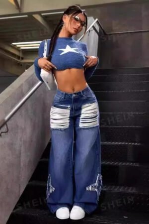 Blue Jeans Women's Autumn and Winter Star Sticker Fringed Rough Edge Large Size Loose Straight Casual Wide Legs Long
