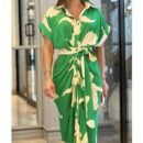 2024 Women's Printed High Waisted Cardigan Dress with Irregular Long Skirt - Short Sleeved Fashion Statement