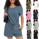 Stylish Women's Summer Short Sleeve Jumpsuit Set with Pockets