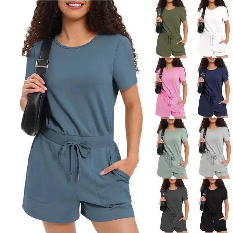 Stylish Women's Summer Short Sleeve Jumpsuit Set with Pockets 1 Stylish Women's Summer Short Sleeve Jumpsuit Set with Pockets