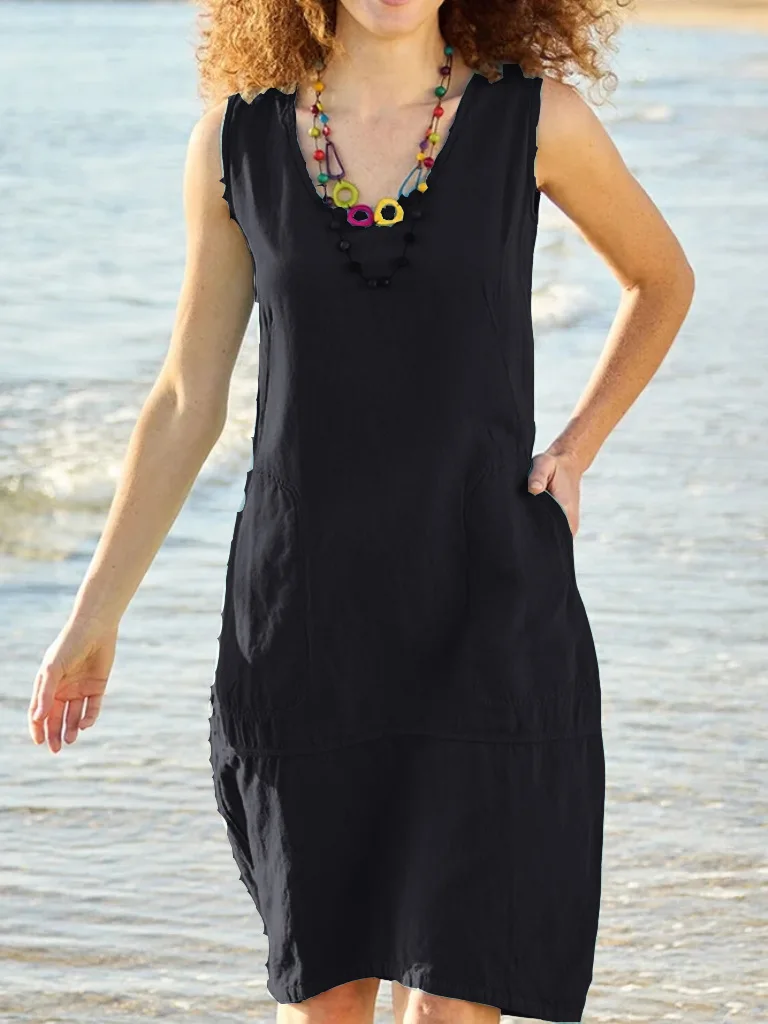 2024 Summer Fashion: Cotton and Linen U-Neck Women Dress in Solid Color - Perfect for Adventures! 12 kf Sab54af96a1a647fa8dbaa4994daf9813M