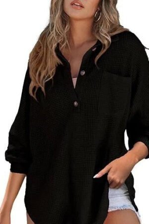 2024 Spring Fashion: Waffle Womens Shirts with Solid Color Lapel and Pocket Detail