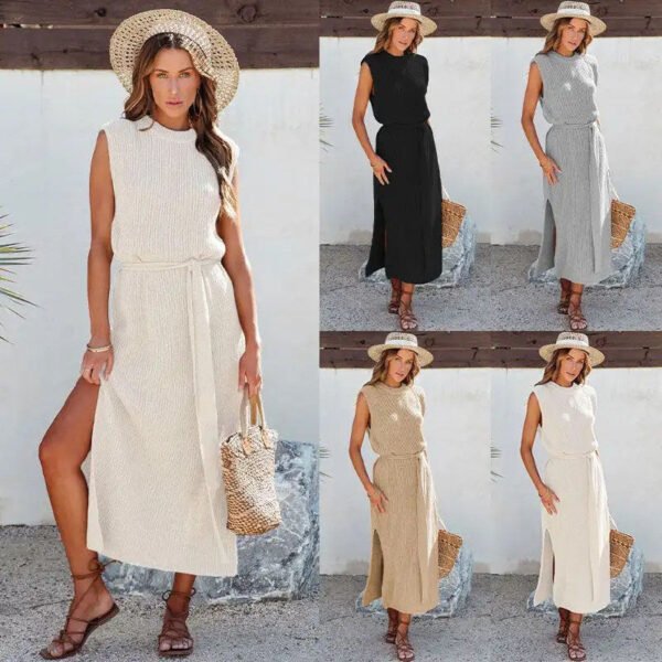 Fashion Commuter Dresses: Solid Color Bottom Knitted Skirt with High Split and Sexy Viscose Material for Women - Image 2