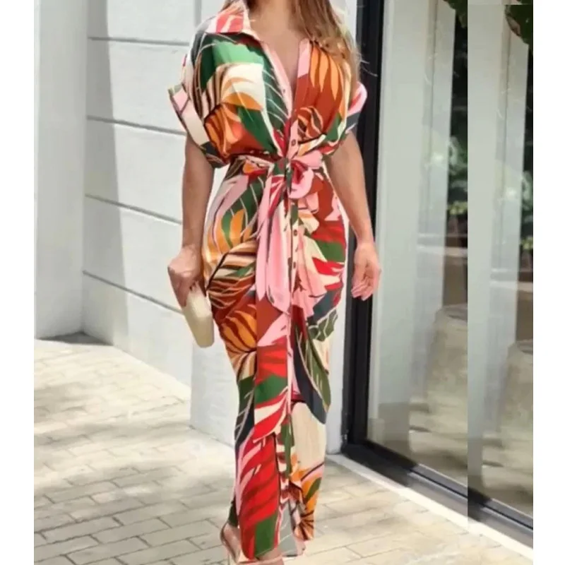 2024 Women's Printed High Waisted Cardigan Dress with Irregular Long Skirt - Short Sleeved Fashion Statement 23 kf Sbdbecf2be1784c7b81880b8359c526c7c