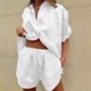 2024 Summer Women's Solid Color Shirt Short Sleeve Suit with Wide Leg Pants and Shorts