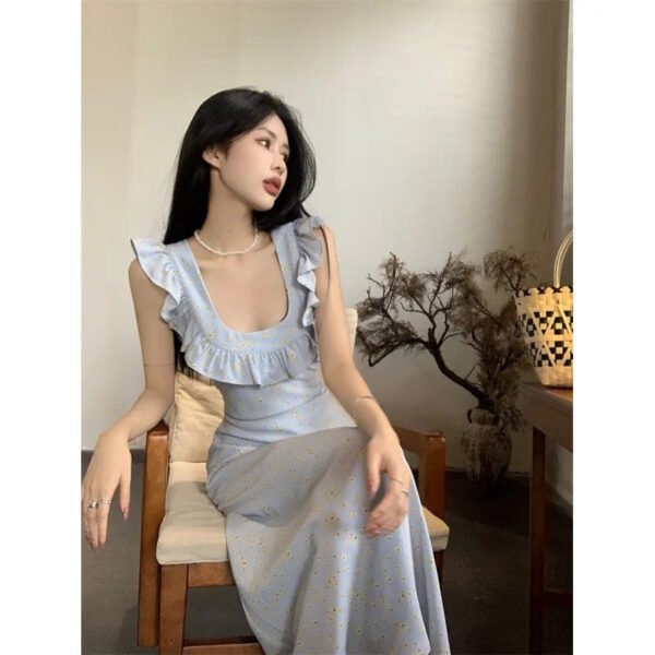 French romantic gentle small flying sleeves blue floral dress children's summer 2024 new seaside vacation dress