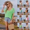 2024 Summer V-neck Cap Sleeve Knit T-shirt Women's: Loose & Casual