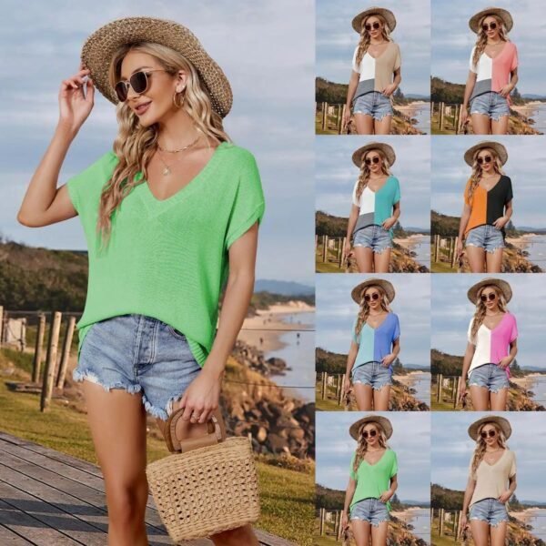 2024 Summer V-neck Cap Sleeve Knit T-shirt Women's: Loose & Casual - Image 2