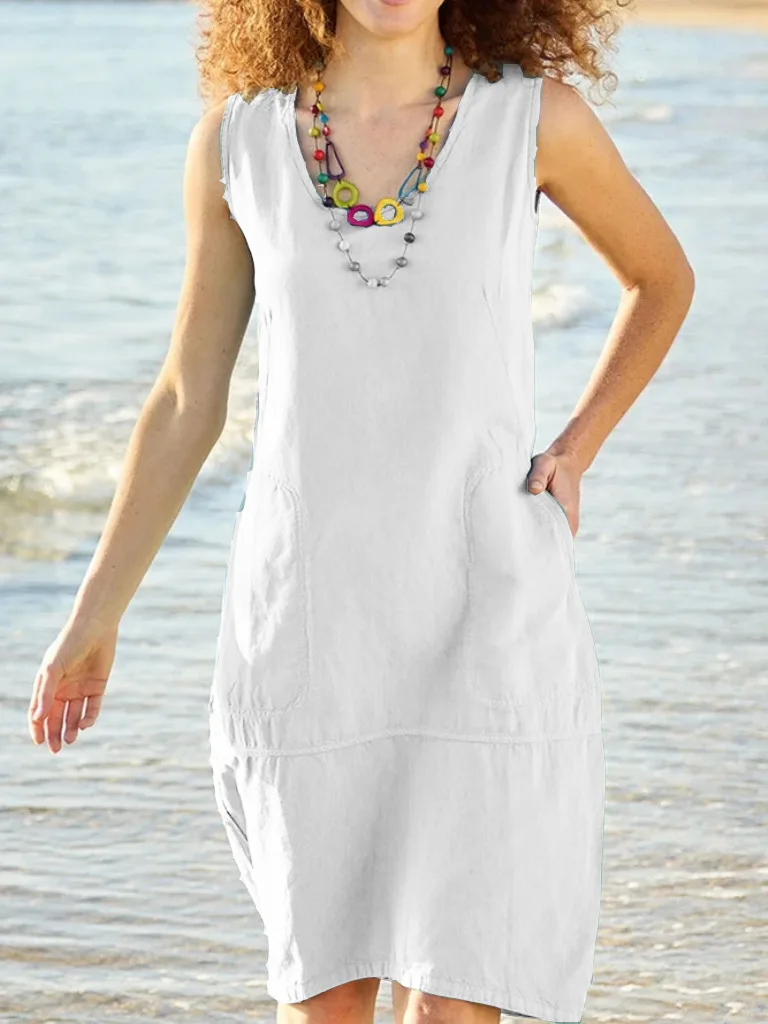 2024 Summer Fashion: Cotton and Linen U-Neck Women Dress in Solid Color - Perfect for Adventures! 9 kf Sce072729753b41a49611606278c661aav