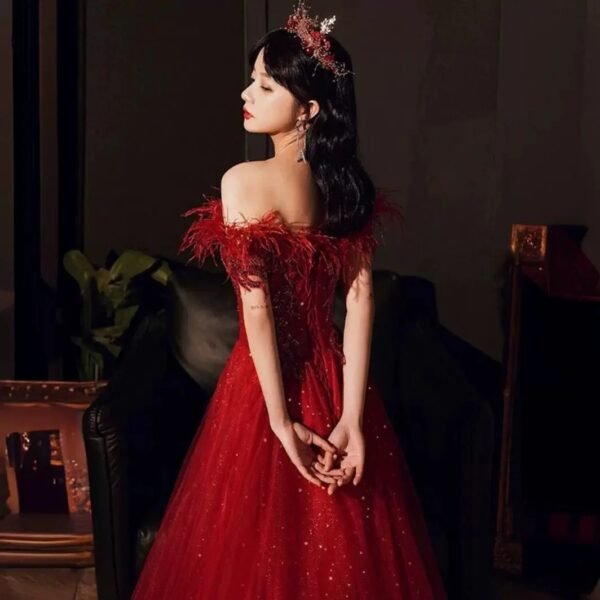 Summer Bridal Wedding Dress Red Shoulder Banquet Dress Long Feather Fairy Skinny - Image 4