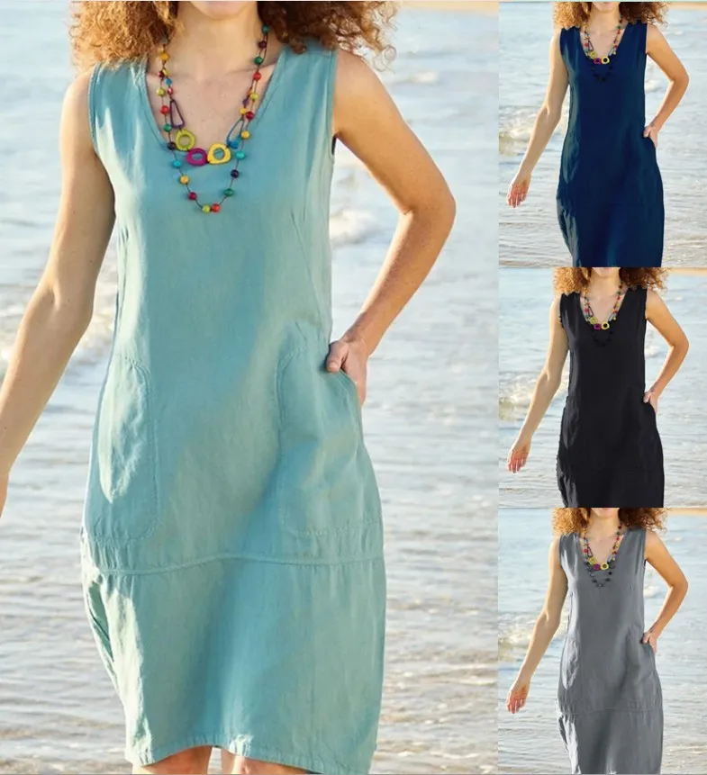 2024 Summer Fashion: Cotton and Linen U-Neck Women Dress in Solid Color - Perfect for Adventures! 8 kf Sdcaaa6ddd3cb494da177a0c4d98b9531d