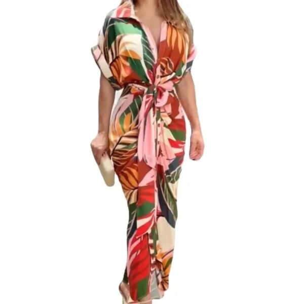 2024 Women's Printed High Waisted Cardigan Dress with Irregular Long Skirt - Short Sleeved Fashion Statement - Image 8