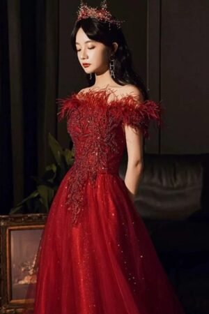 Summer Bridal Wedding Dress Red Shoulder Banquet Dress Long Feather Fairy Skinny