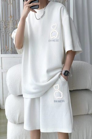 Men's Summer Fashion Bear T-Shirt & Shorts Set - Loose Fit, Short-Sleeved, Basketball Suit, Waffle Sports Suit