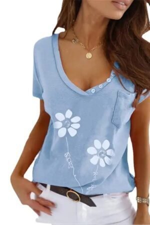 Stylish and Comfortable: Slim Fit V-Neck Women's Casual T-Shirt with Printed Pocket and Short Sleeves