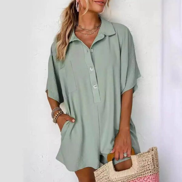 2024 Summer Women's Shirt Jumpsuit: Comfortable, Loose Fit with Split Sleeves and Pocket Detail