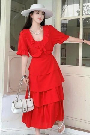 Plus Size Fat Mm Dress Red Performance Dress Festive Bridesmaid Dress Beach Skirt Design Sense Niche Cake Skirt Summer