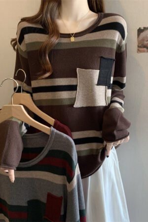 Plus Size Dopamine Sweater: Color Block Stripe Knit, Versatile Autumn Tee