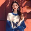 Klein Blue Relief Knit Top: Sculptural Butterfly Print Sweater for Women - Lounge to Gallery Spring Statement Piece