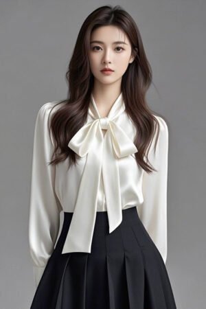 Silky White Detachable Ascot Tie Blouse: Premium Long Sleeve Work to Gala Shirt for Women - Sustainable Luxe Edition