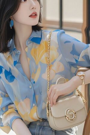 French Vintage Floral Print Chiffon Blouse | Feminine Relaxed Fit Lightweight Trans-seasonal Layer