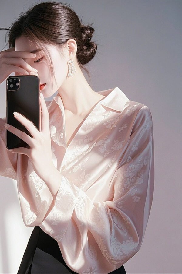 Women’s Purple Satin Jacquard Blouse - French Vintage Fall Long Sleeve Elegant Shirt - Image 7