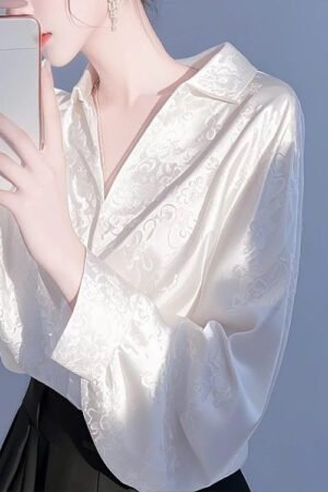 Women’s Purple Satin Jacquard Blouse - French Vintage Fall Long Sleeve Elegant Shirt