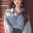 Deconstructed Denim Shirt: Cerulean Wash & Raw Seam Blouse for Women - Art Studio to Office Ageless Statement