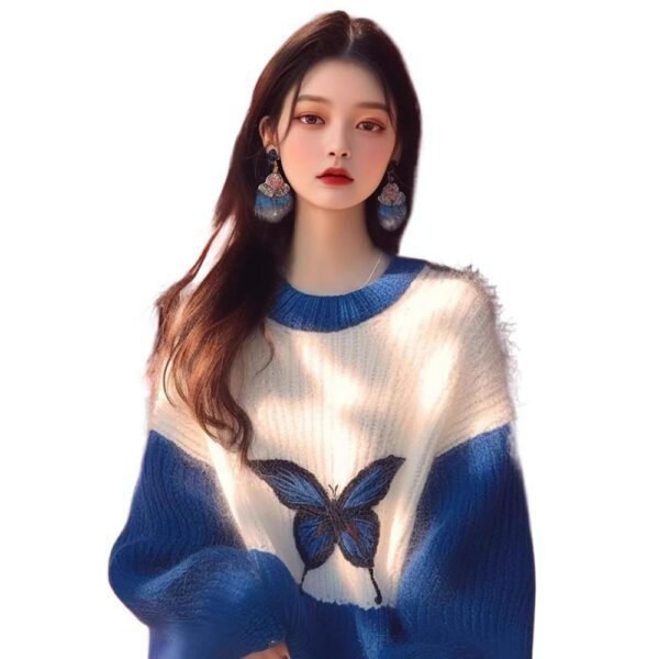 Klein Blue Relief Knit Top: Sculptural Butterfly Print Sweater for Women - Lounge to Gallery Spring Statement Piece - Image 5