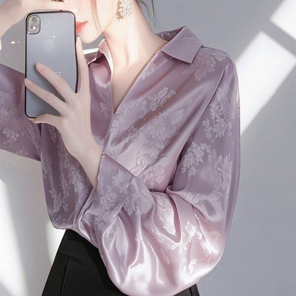 Women’s Purple Satin Jacquard Blouse - French Vintage Fall Long Sleeve Elegant Shirt - Image 2