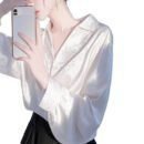 Women’s Purple Satin Jacquard Blouse - French Vintage Fall Long Sleeve Elegant Shirt